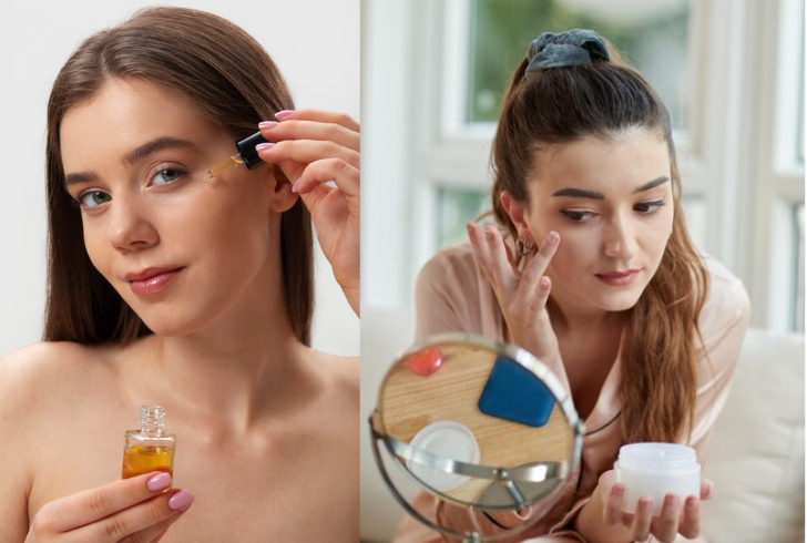Woman applying serum then sealing skin with jelly