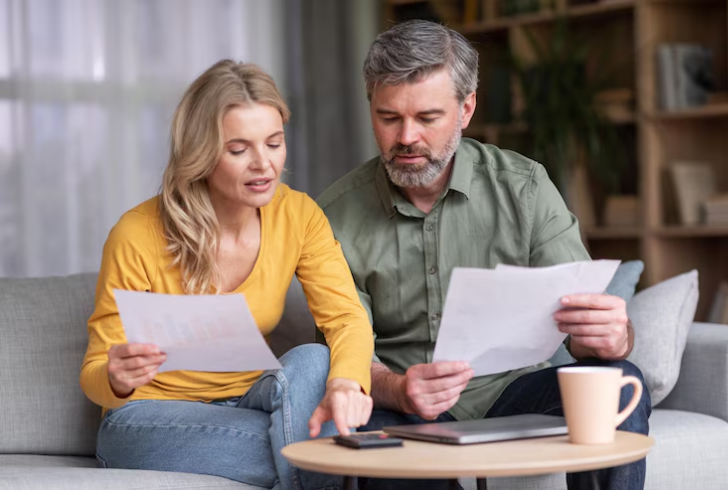 A mature individual or couple looking at financial documents