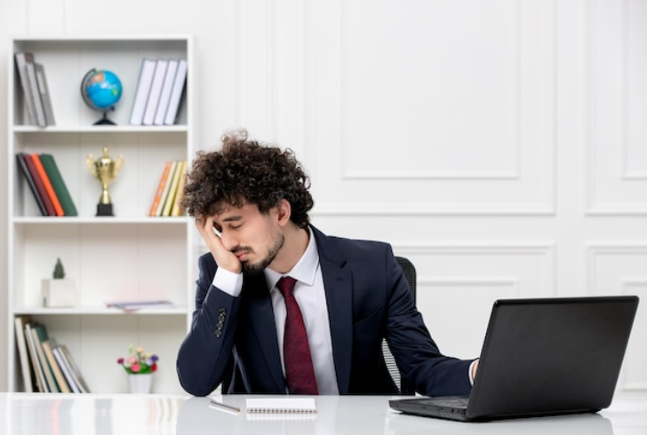 Tired employe pauses with thoughtful expression